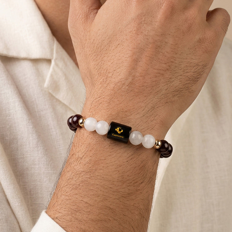 Makar (Capricorn) Rashi - Zodiac Healing Crystal Bracelet with Pyrite, Garnet, Smoky Quartz, Amethyst, Moonstone & Evil Eye for Career Success, Ambition & Protection