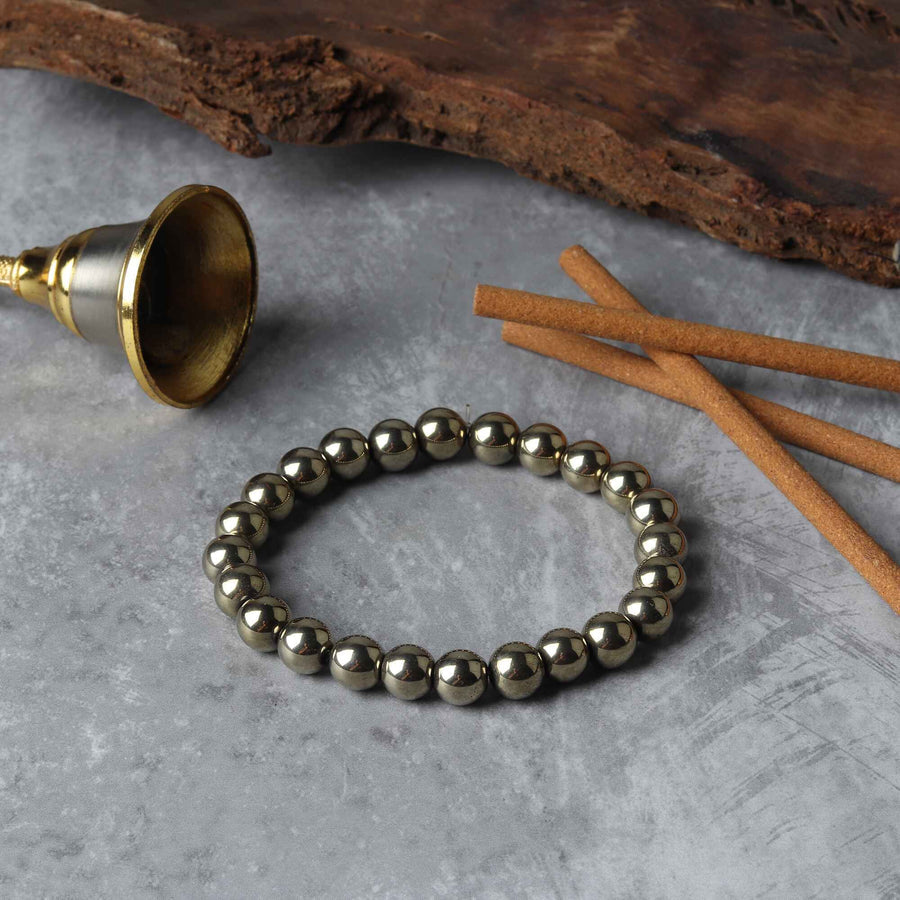Natural Golden Pyrite Wealth Bracelet (8mm Beads) – Certified "Fool’s Gold" Money Magnet Healing Crystal for Prosperity, Abundance & Success – Unisex Stretch Bracelet