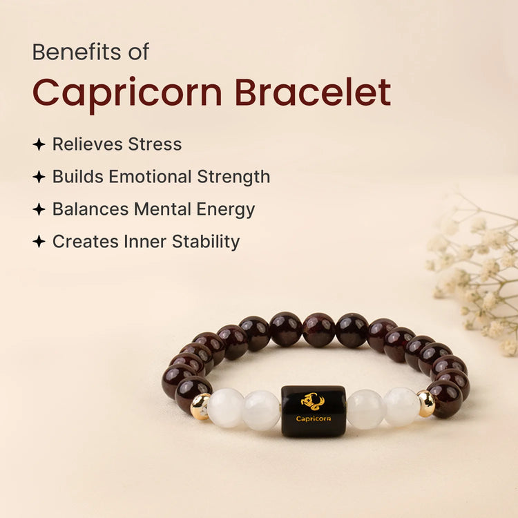 Makar (Capricorn) Rashi - Zodiac Healing Crystal Bracelet with Pyrite, Garnet, Smoky Quartz, Amethyst, Moonstone & Evil Eye for Career Success, Ambition & Protection