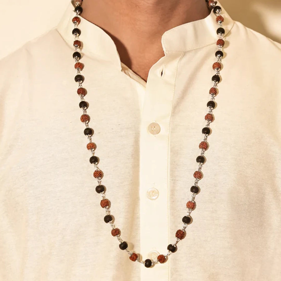 Original Government Certified Rudraksha & Ebony Karungali Silver Capped Mala (54 Beads)for Daily Wear & Jaap