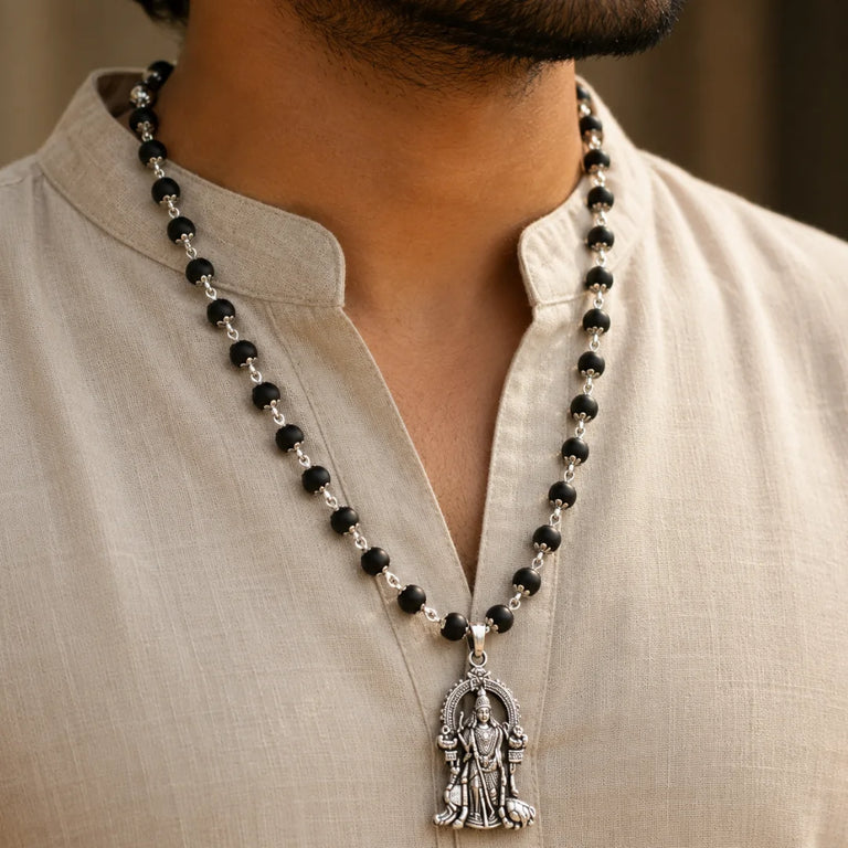Original Karungali Mala with Pure Silver Capping & Lord Murugan Pendant | Natural Black Ebony Wood Chain for Men & Women