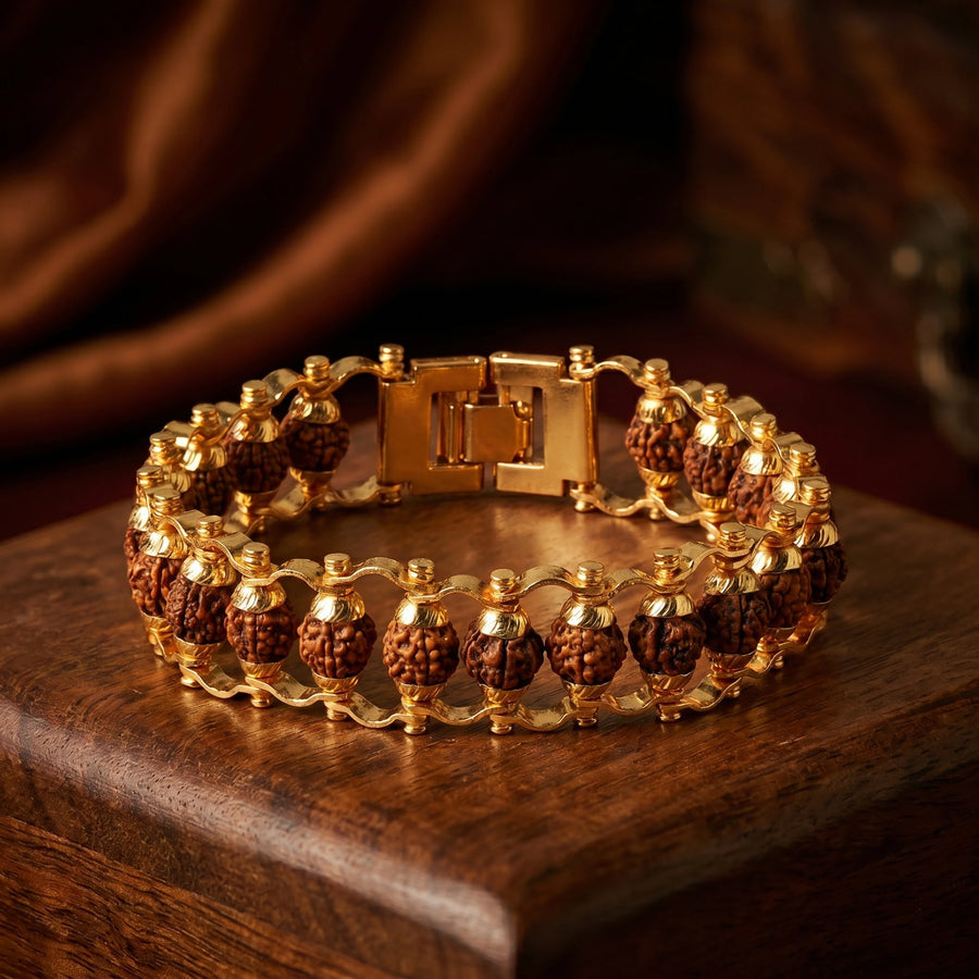Pure Silver & Gold-Plated Rudraksha Link Chain Bracelets with Fold-Over Clasp for Men & Women – Durable & Stylish Everyday Wear
