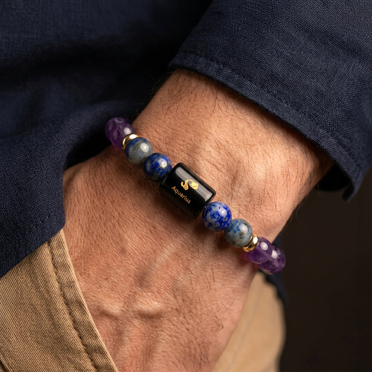 Kumbh (Aquarius) Rashi Crystal Bracelet-Zodiac Healing Bracelet: Amethyst, Fluorite, Aquamarine & Evil Eye Protection