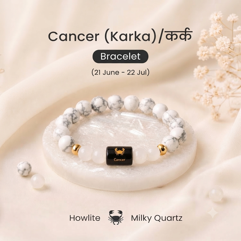 Karkataka (Cancer) Rashi Crystal Bracelet-Natural Moonstone, Rose Quartz, Amethyst, Labradorite & Evil Eye for Emotional Balance & Protection