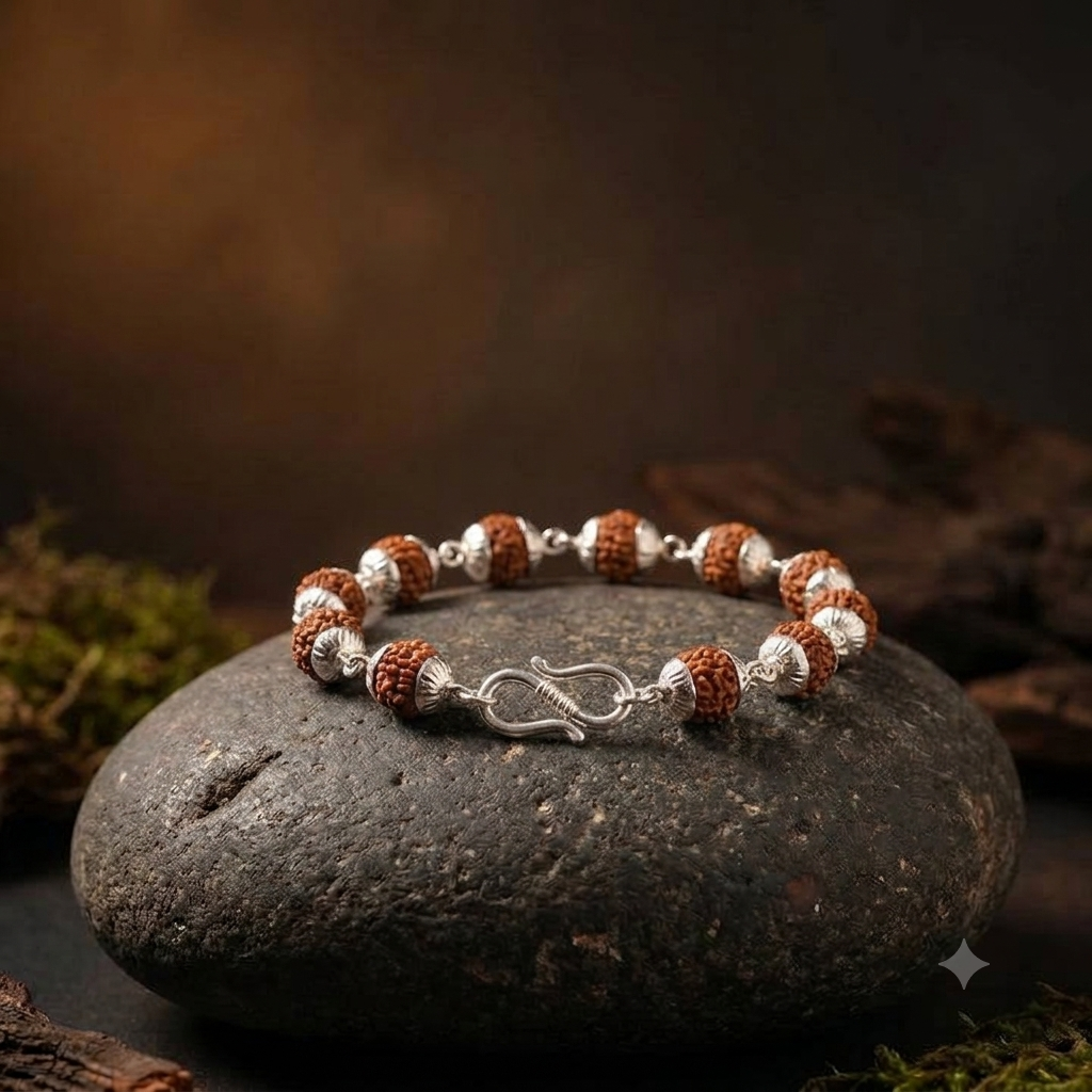 Authentic Silver Capped Rudraksha Bracelet for Men & Women | 5 Mukhi Rudraksha Silver Chain Bracelet