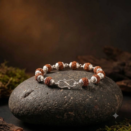 Authentic Silver Capped Rudraksha Bracelet for Men & Women | 5 Mukhi Rudraksha Silver Chain Bracelet