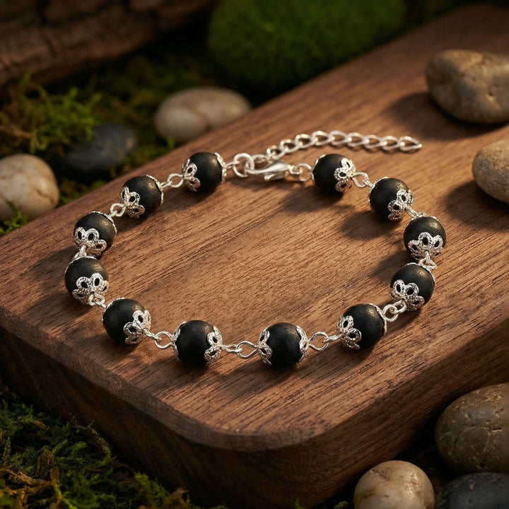 Silver Capped Original Karungali Bead Bracelet with Adjustable Chain