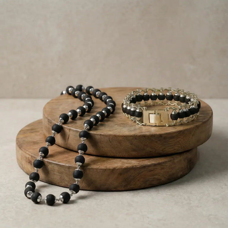 Original Karungali Mala and Bracelet Combo Set with Pure Silver Capping – Natural Ebony Wood Spiritual Jewelry Set for Men & Women