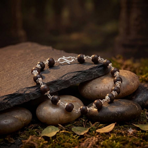 Authentic Silver Capped Karungali Bracelet – Genuine Natural Ebony Wood Bead Bracelet with Silver Link Chain for Men & Women