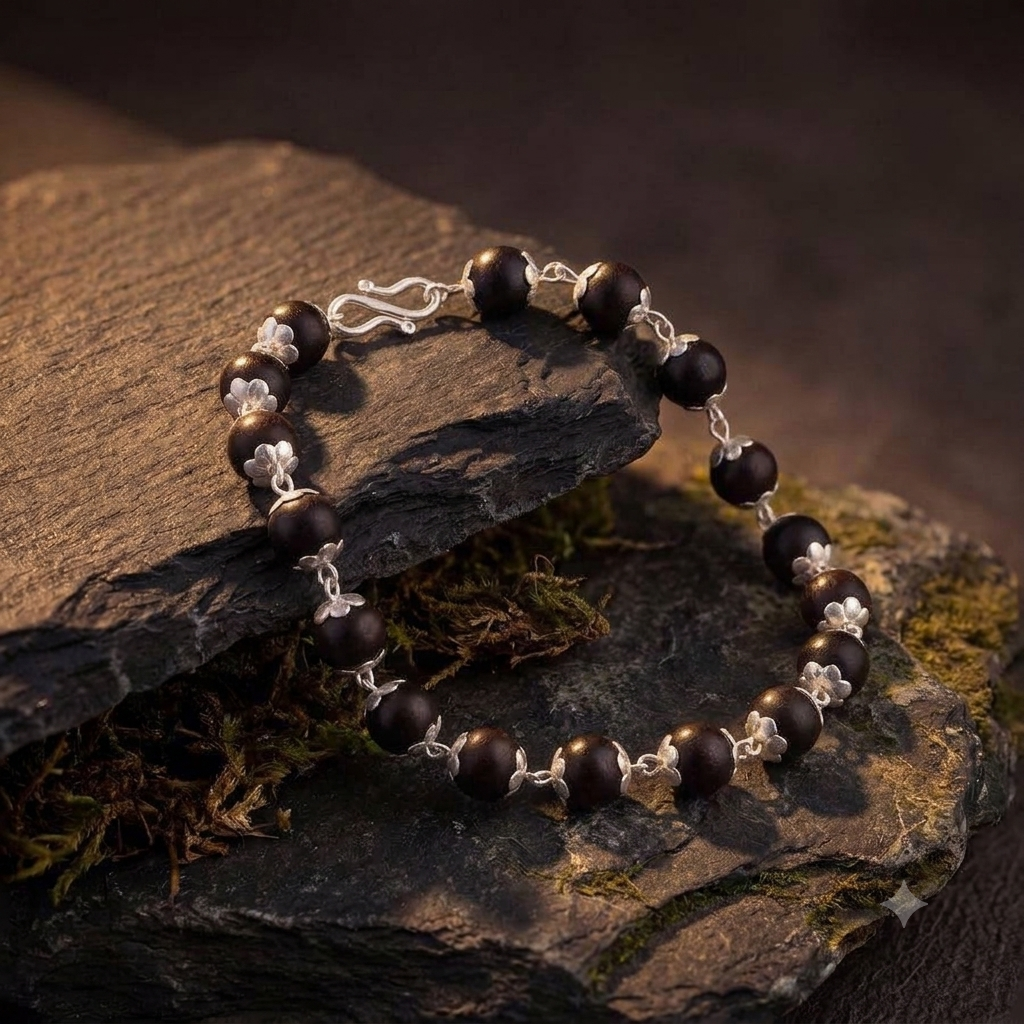 Authentic Silver Capped Karungali Bracelet – Genuine Natural Ebony Wood Bead Bracelet with Silver Link Chain for Men & Women