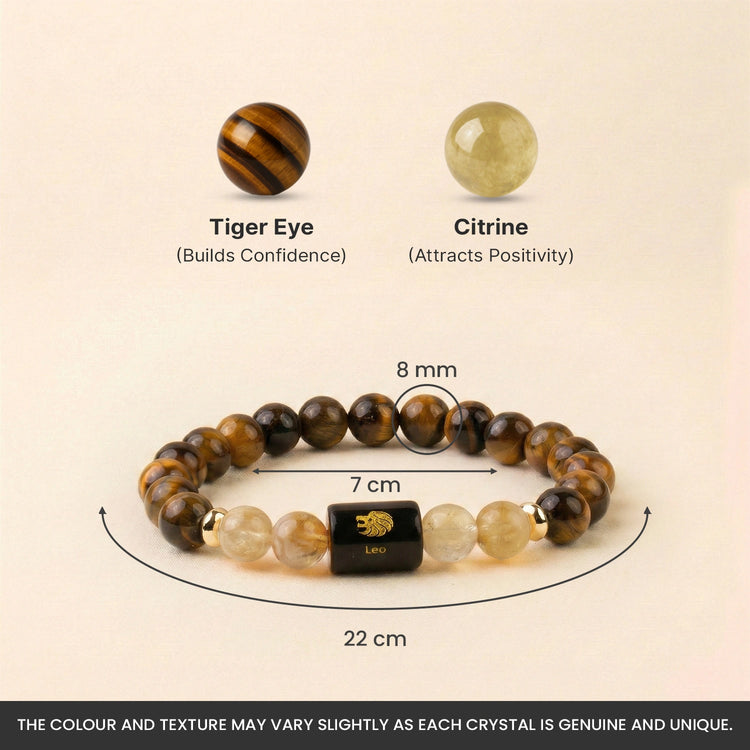 Simha (Leo) Rashi -Zodiac Healing Crystal Bracelet with Tiger’s Eye, Carnelian, Pyrite & Evil Eye for Courage, Success & Protection