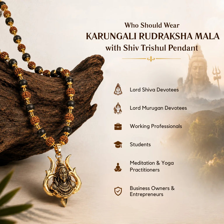 Gold Plated Karungali Ebony Wood & Rudraksha Mala with Lord Mahashiva Trishul Pendant for Men & Women