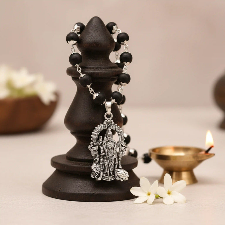 Original Karungali Mala with Pure Silver Capping & Lord Murugan Pendant | Natural Black Ebony Wood Chain for Men & Women