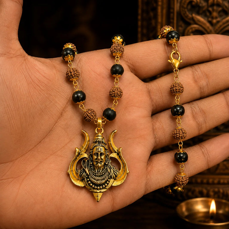 Gold Plated Karungali Ebony Wood & Rudraksha Mala with Lord Mahashiva Trishul Pendant for Men & Women