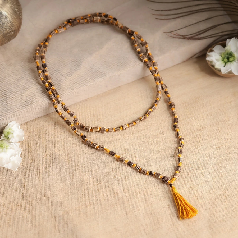 Original Vrindavan Rough Tulsi Mala (108+1 Beads) with Yellow Tassel – Handcrafted Raw Holy Basil Wood Rosary for Mantra Japa & Meditation