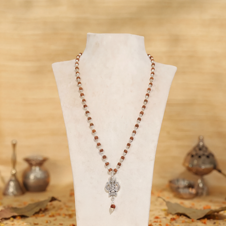 Om Shiva Trishul with Damroo Pendant Rudraksha Necklace – 54 Beads Gold-Capped Spiritual Mala for Meditation, Protection, and Daily Wear