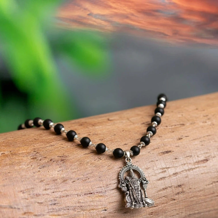 Original Karungali Mala with Pure Silver Capping & Lord Murugan Pendant | Natural Black Ebony Wood Chain for Men & Women