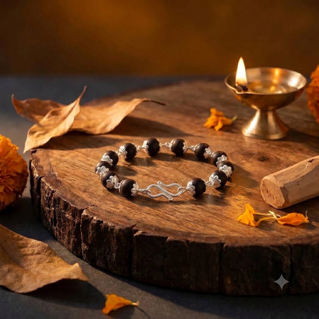 Authentic Silver Capped Karungali Bracelet – Genuine Natural Ebony Wood Bead Bracelet with Silver Link Chain for Men & Women