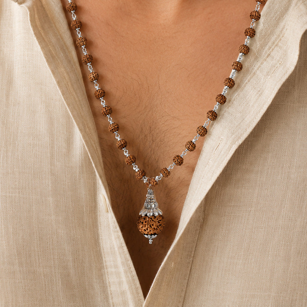 Silver-Plated Rudraksha Mala with Meditating Lord Shiva Pendant & Large Focal Bead