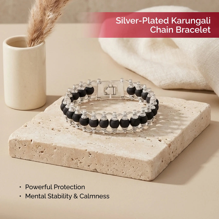 Authentic Natural Karungali Wood Bracelet – Silver-Plated Dual Link Chain with Fold-Over Clasp for Men & Women