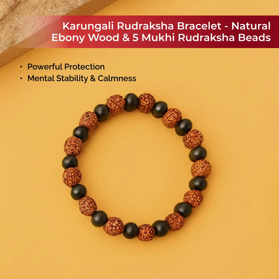 Original Natural Rudraksha & Karungali Wood Bracelet for Men and Women – Authentic Panchamukhi & Ebony Beads for Positive Energy, Protection & Focus
