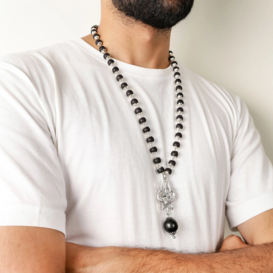 Original Karungali Malai with Silver-Capped Om Shiva Trishul Pendant Mala for Men & Women)