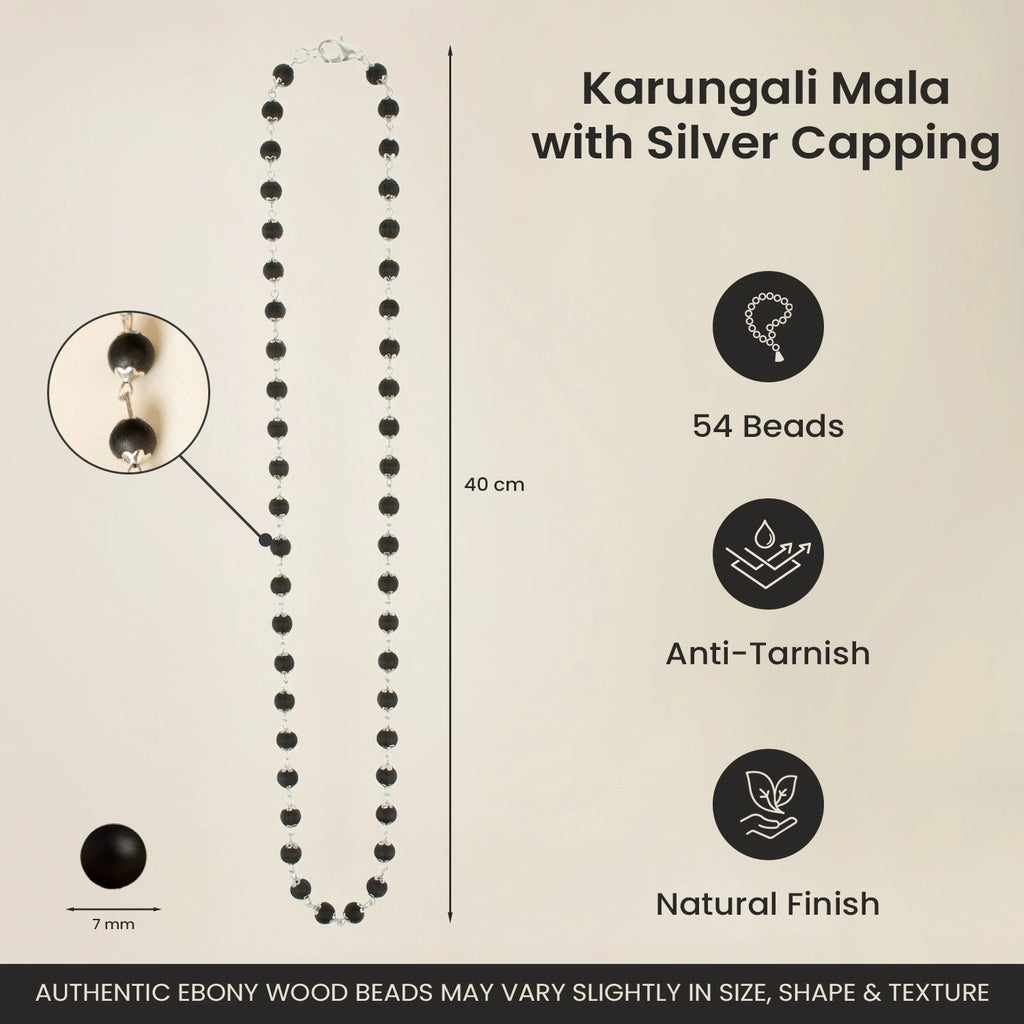 Original Silver Plated Karungali Malai (54 Beads) – Natural Black Ebony Wood Mala with Silver Capping for Protection, Success & Positive Energy (Unisex)