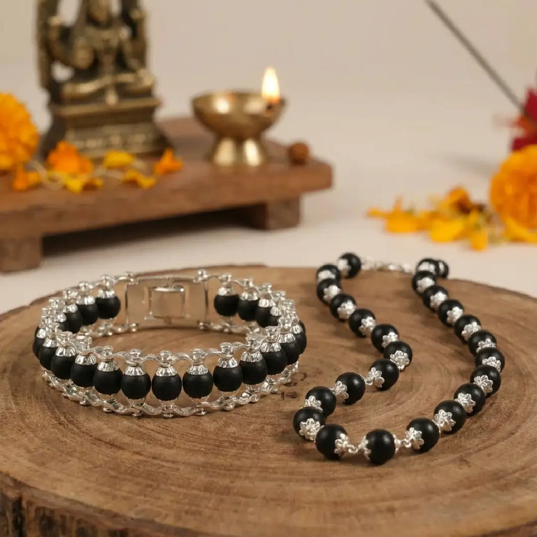 Original Karungali Mala and Bracelet Combo Set with Pure Silver Capping – Natural Ebony Wood Spiritual Jewelry Set for Men & Women