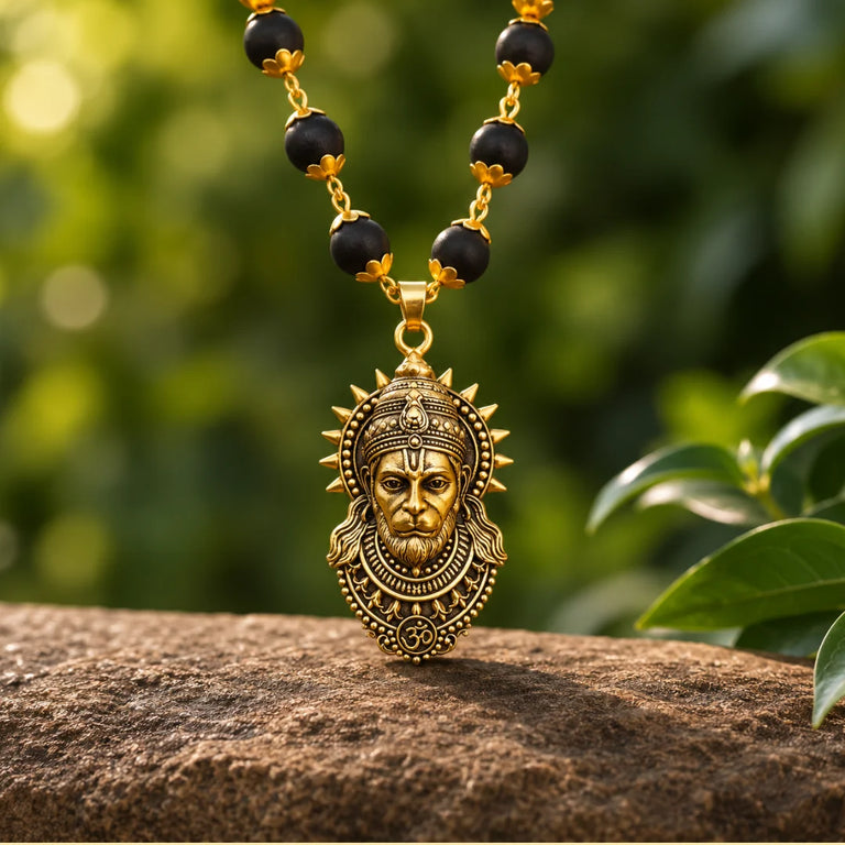 Original Karungali Mala with Antique Gold-Plated Hanuman Ji Pendant | Ebony Wood Beads Chain with Om Engraving for Protection & Strength (Men & Women)