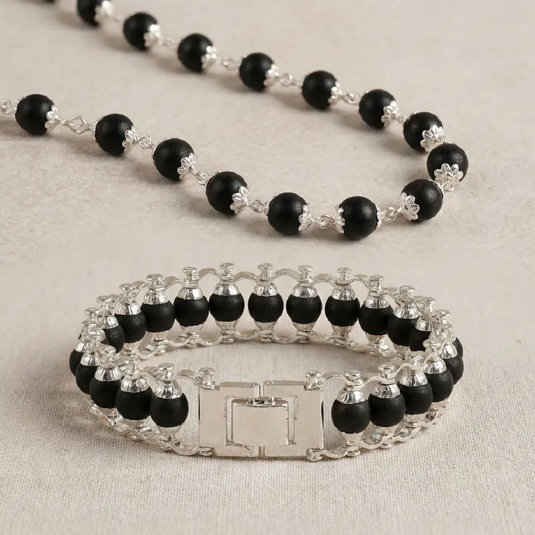 Original Karungali Mala and Bracelet Combo Set with Pure Silver Capping – Natural Ebony Wood Spiritual Jewelry Set for Men & Women