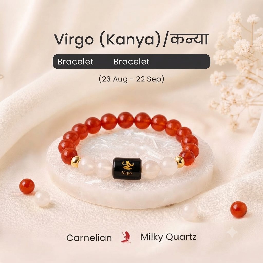 Kanya (Virgo) Rashi Zodiac Crystal Bracelet - Natural Lepidolite, Green Jade, Amazonite, Moss Agate & Fluorite Beads for Calm, Balance, and Focus
