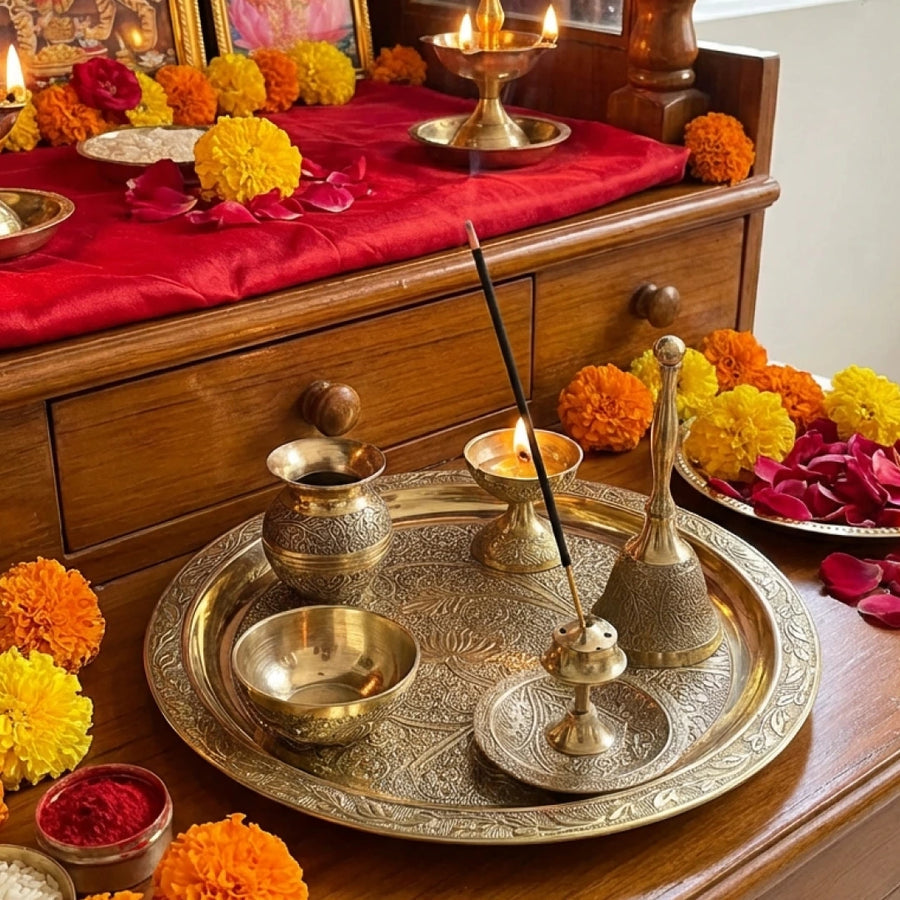 Artisanal Engraved Brass Pooja Thali Set – 6-Piece Traditional Mandir Ritual Set