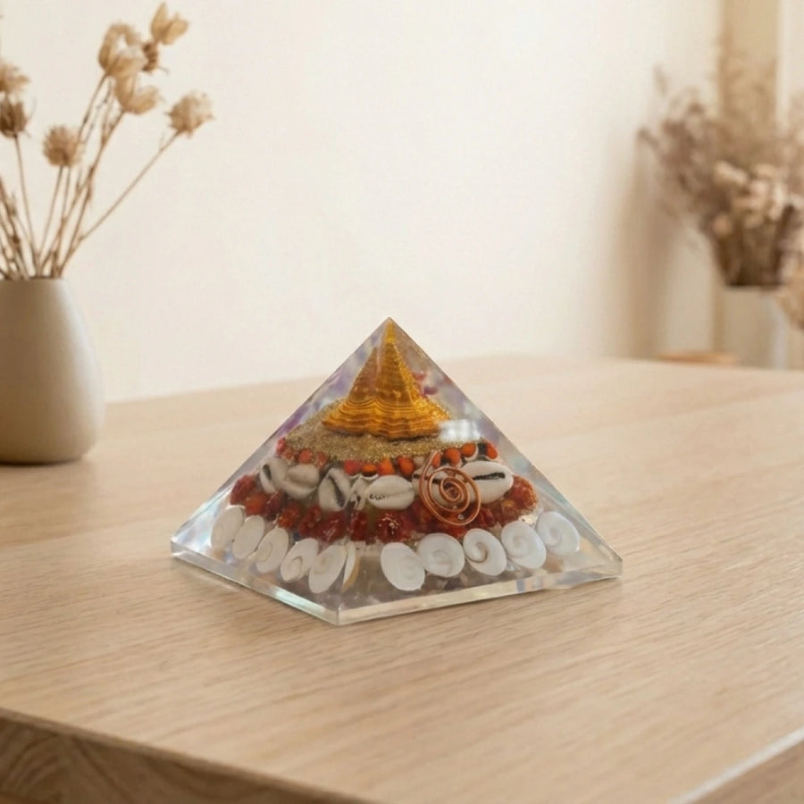 Maa Laxmi Dhan Pyramid with Shree Yantra, Gomti Chakra, White Kaudi & Copper Coil for Wealth, Prosperity & Vastu Correction