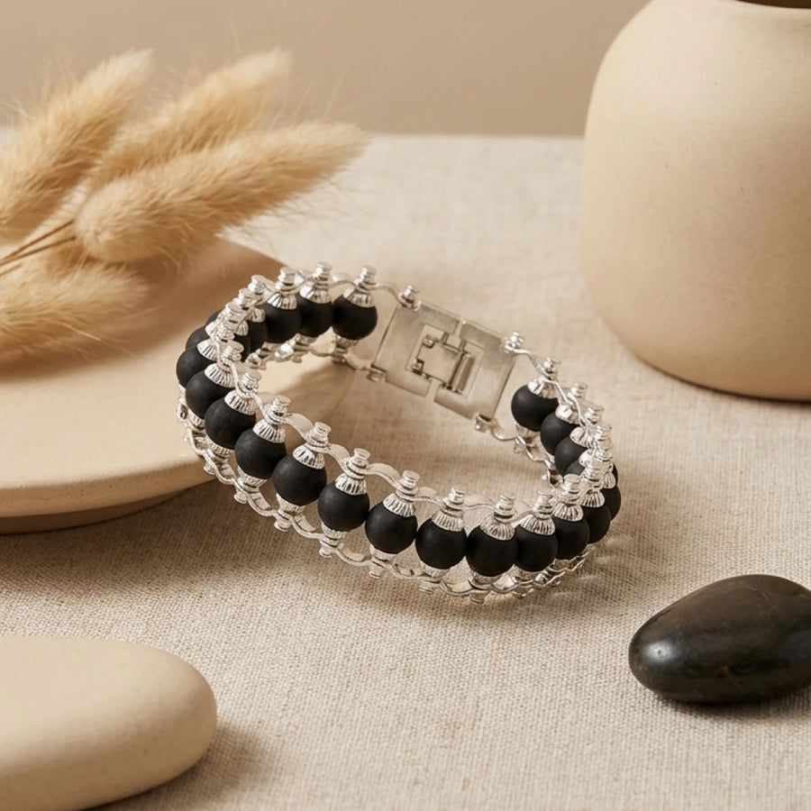 Authentic Natural Karungali Wood Bracelet – Silver-Plated Dual Link Chain with Fold-Over Clasp for Men & Women