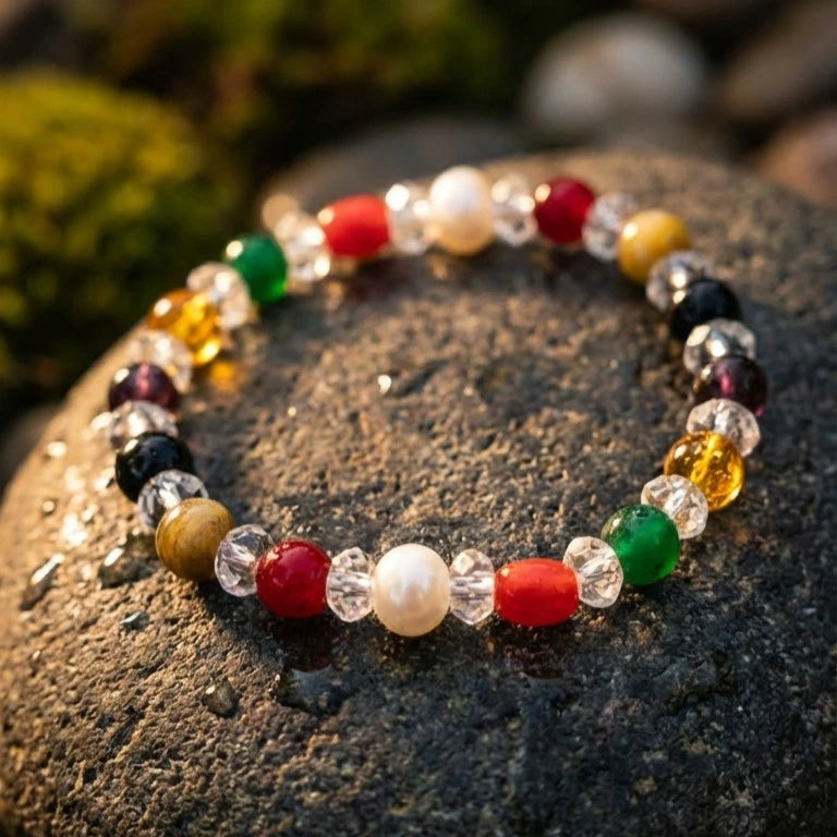Authentic Navaratna Gemstone Bracelet – 9 Planetary Healing Crystals with Clear Quartz Spacers (Stretch Fit)