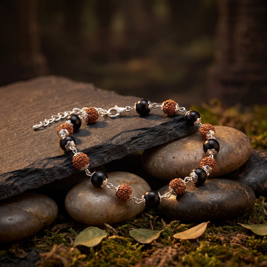 Silver plated Rudraksha & Black Onyx Bead Bracelet for Men and Women (Adjustable Chain)