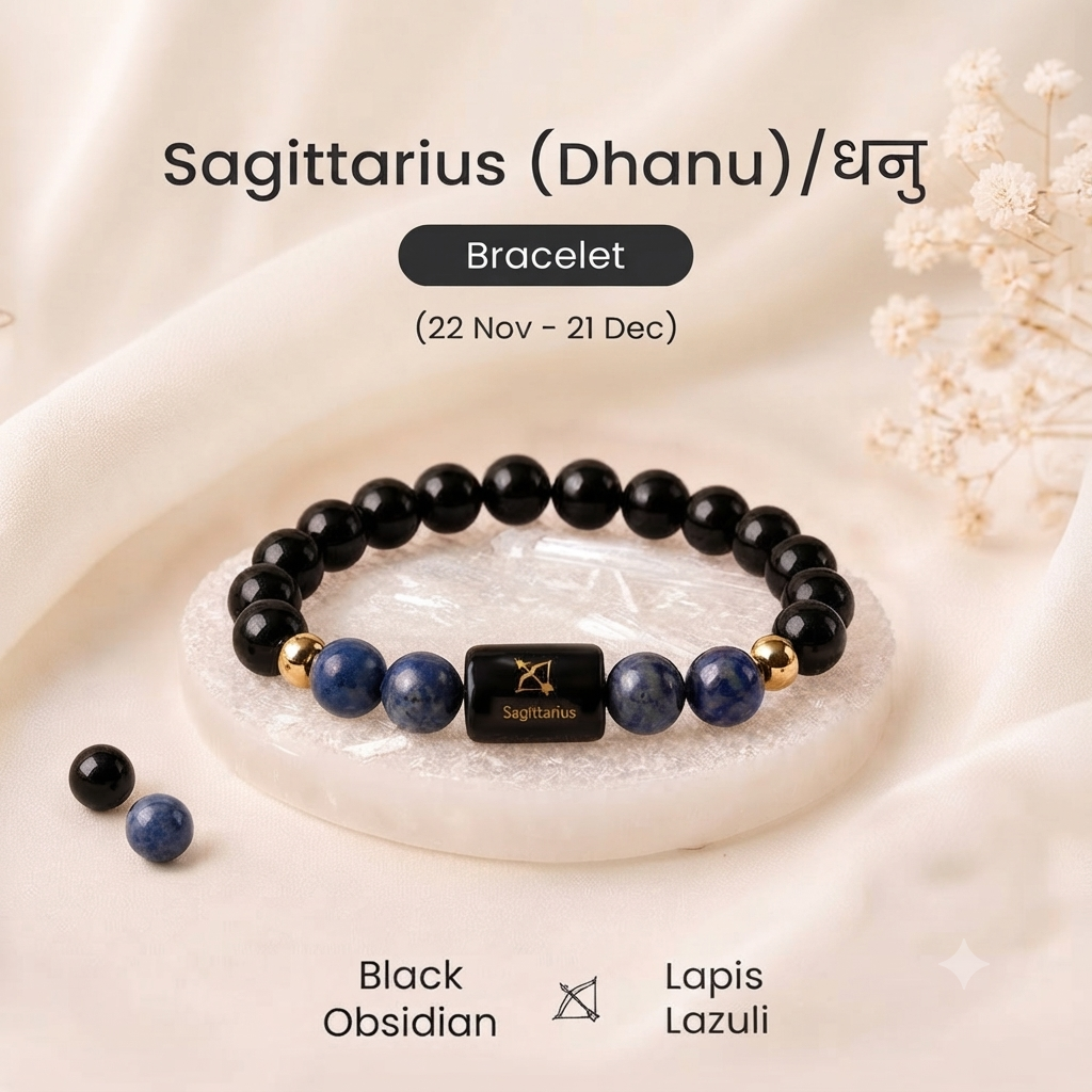 Dhanu (Sagittarius) Rashi Crystal Bracelet-Multi-Gemstone Bracelet with Citrine, Tiger Eye, Sodalite & Evil Eye Protection for Men and Women