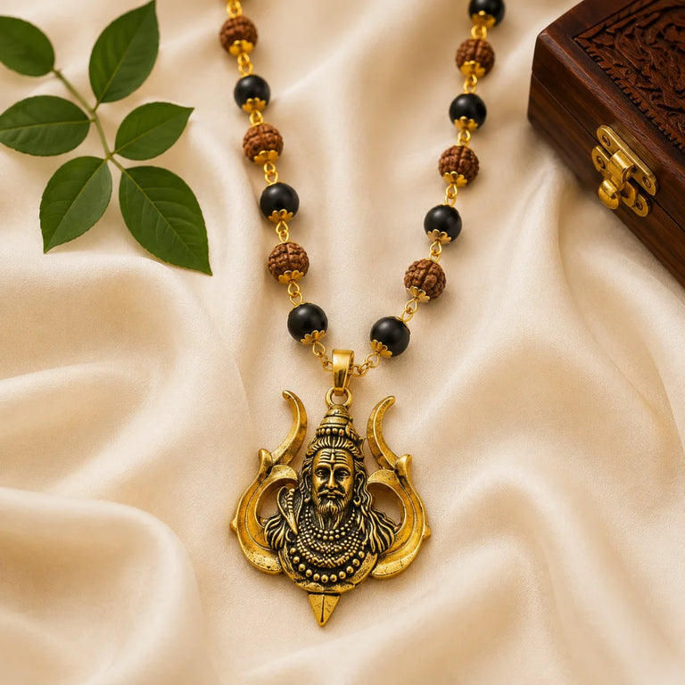 Gold Plated Karungali Ebony Wood & Rudraksha Mala with Lord Mahashiva Trishul Pendant for Men & Women