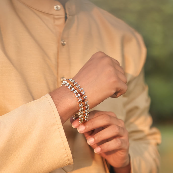 Pure Silver & Gold-Plated Rudraksha Link Chain Bracelets with Fold-Over Clasp for Men & Women – Durable & Stylish Everyday Wear