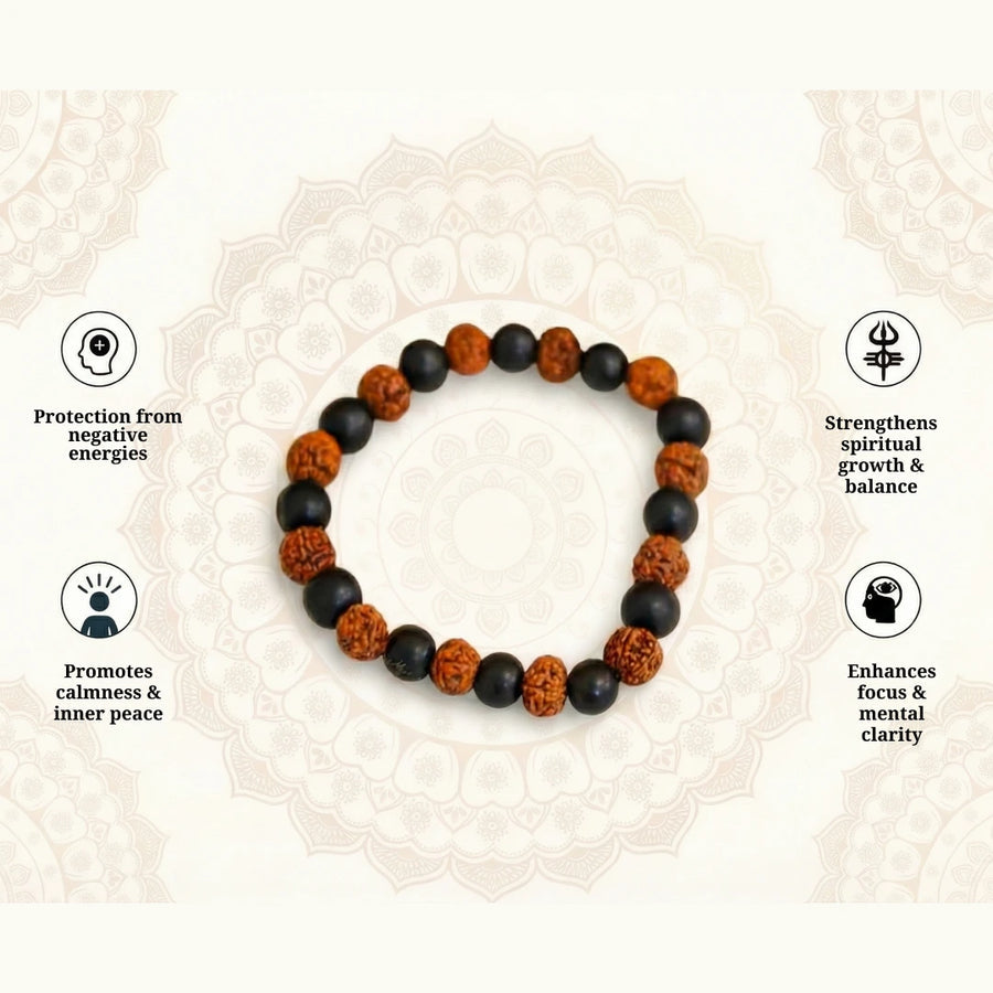 Original Natural Rudraksha & Karungali Wood Bracelet for Men and Women – Authentic Panchamukhi & Ebony Beads for Positive Energy, Protection & Focus