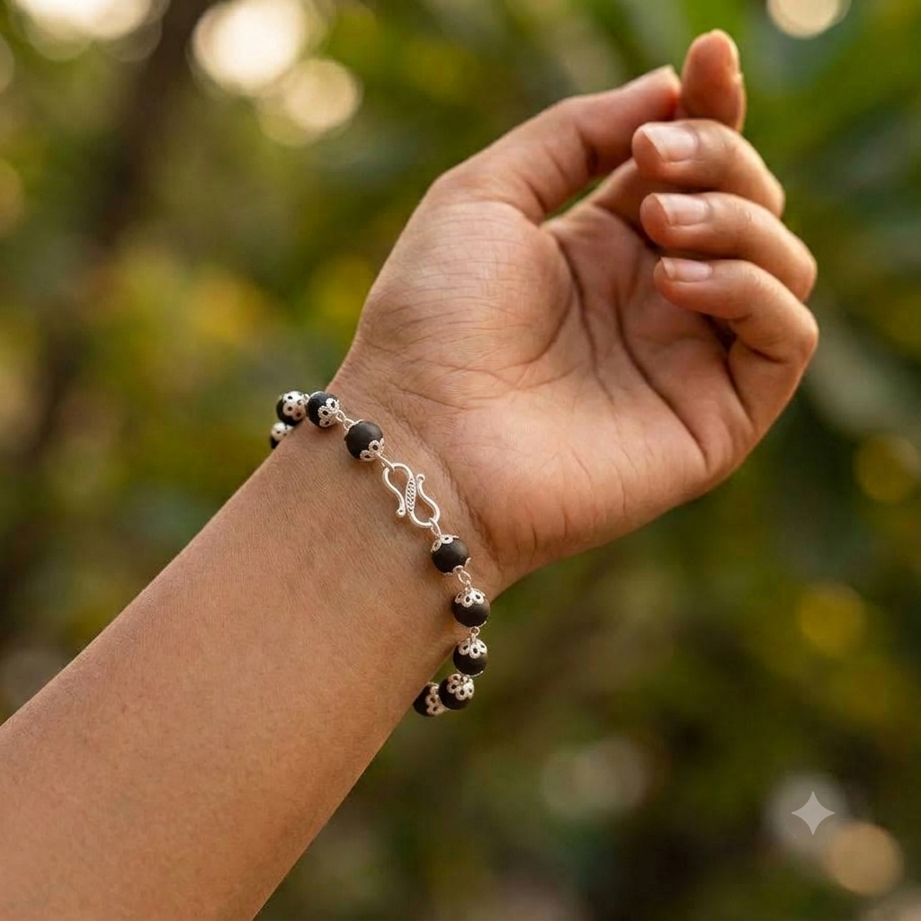 Authentic Silver Capped Karungali Bracelet – Genuine Natural Ebony Wood Bead Bracelet with Silver Link Chain for Men & Women