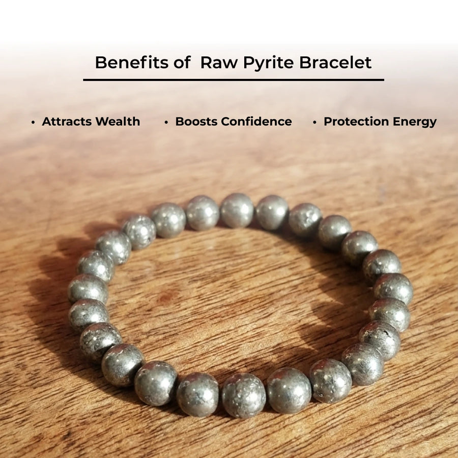 Natural Pyrite Beaded Bracelet – 8mm Genuine Fool’s Gold Stone Beads for Wealth, Abundance & Protection – Unisex Stretch Bracelet