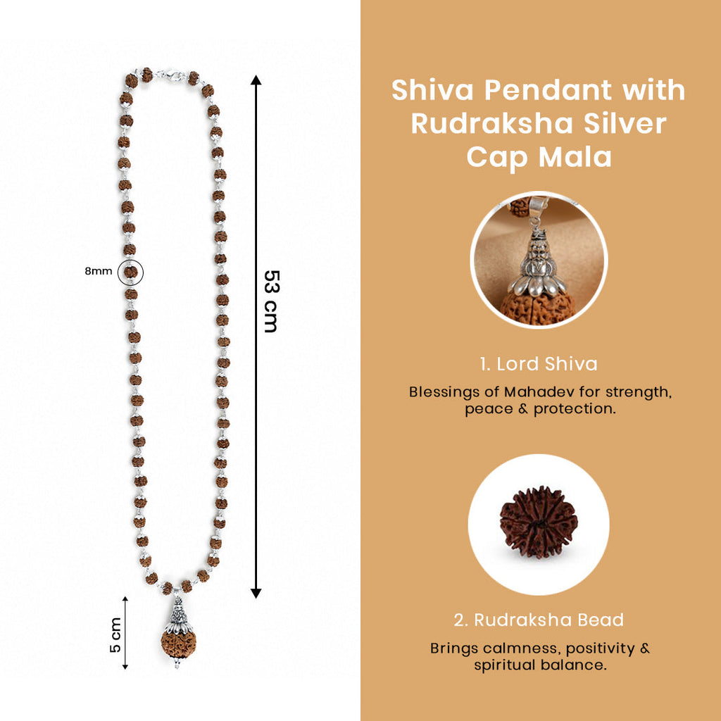 Silver-Plated Rudraksha Mala with Meditating Lord Shiva Pendant & Large Focal Bead