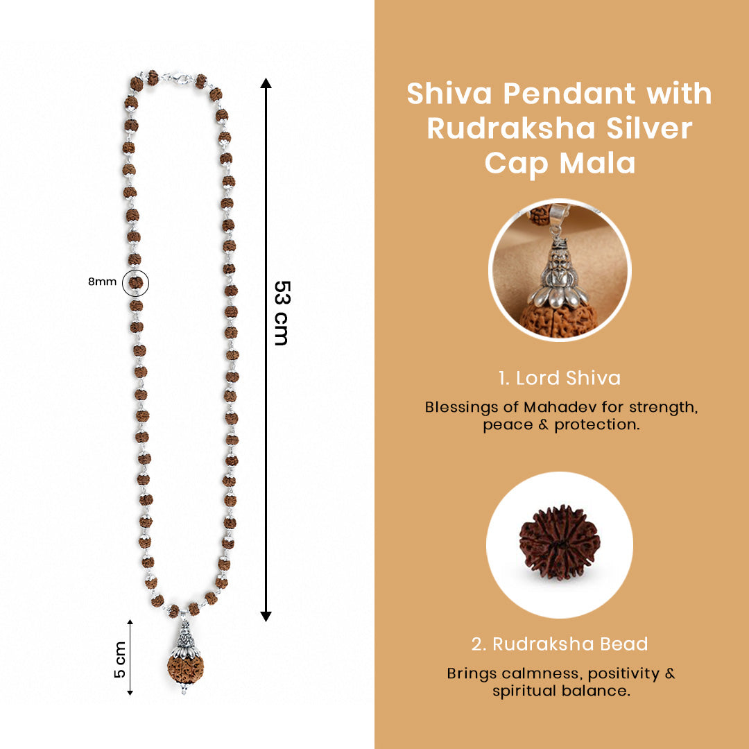 Silver-Plated Rudraksha Mala with Meditating Lord Shiva Pendant & Large Focal Bead