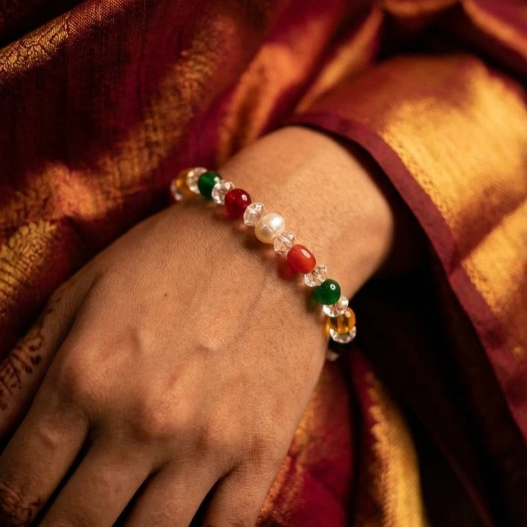 Authentic Navaratna Gemstone Bracelet – 9 Planetary Healing Crystals with Clear Quartz Spacers (Stretch Fit)