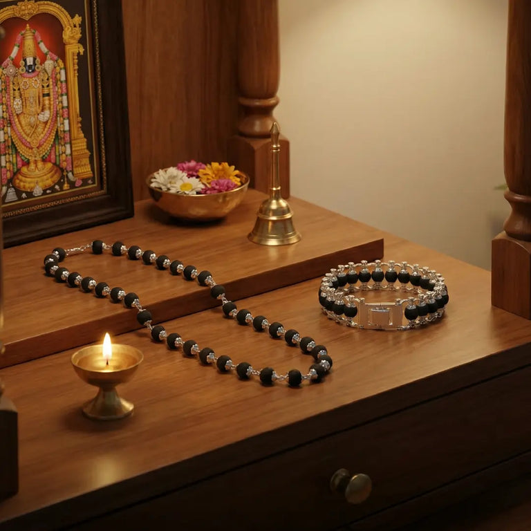 Original Karungali Mala and Bracelet Combo Set with Pure Silver Capping – Natural Ebony Wood Spiritual Jewelry Set for Men & Women