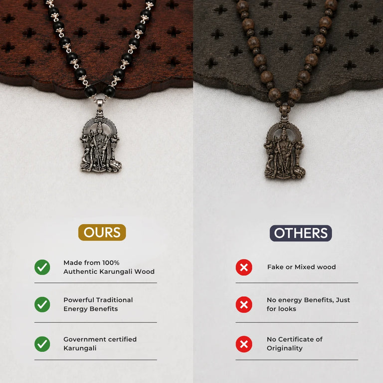 Original Karungali Mala with Pure Silver Capping & Lord Murugan Pendant | Natural Black Ebony Wood Chain for Men & Women