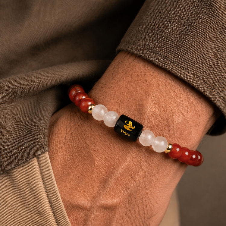 Kanya (Virgo) Rashi Zodiac Crystal Bracelet - Natural Lepidolite, Green Jade, Amazonite, Moss Agate & Fluorite Beads for Calm, Balance, and Focus
