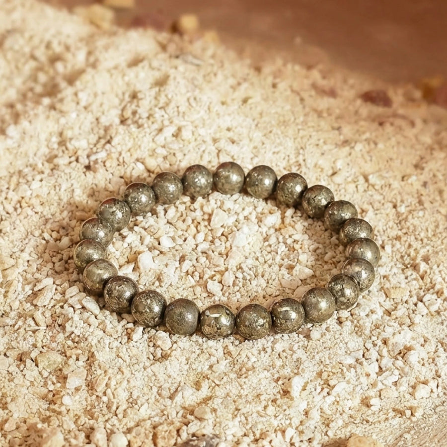 Natural Pyrite Beaded Bracelet – 8mm Genuine Fool’s Gold Stone Beads for Wealth, Abundance & Protection – Unisex Stretch Bracelet