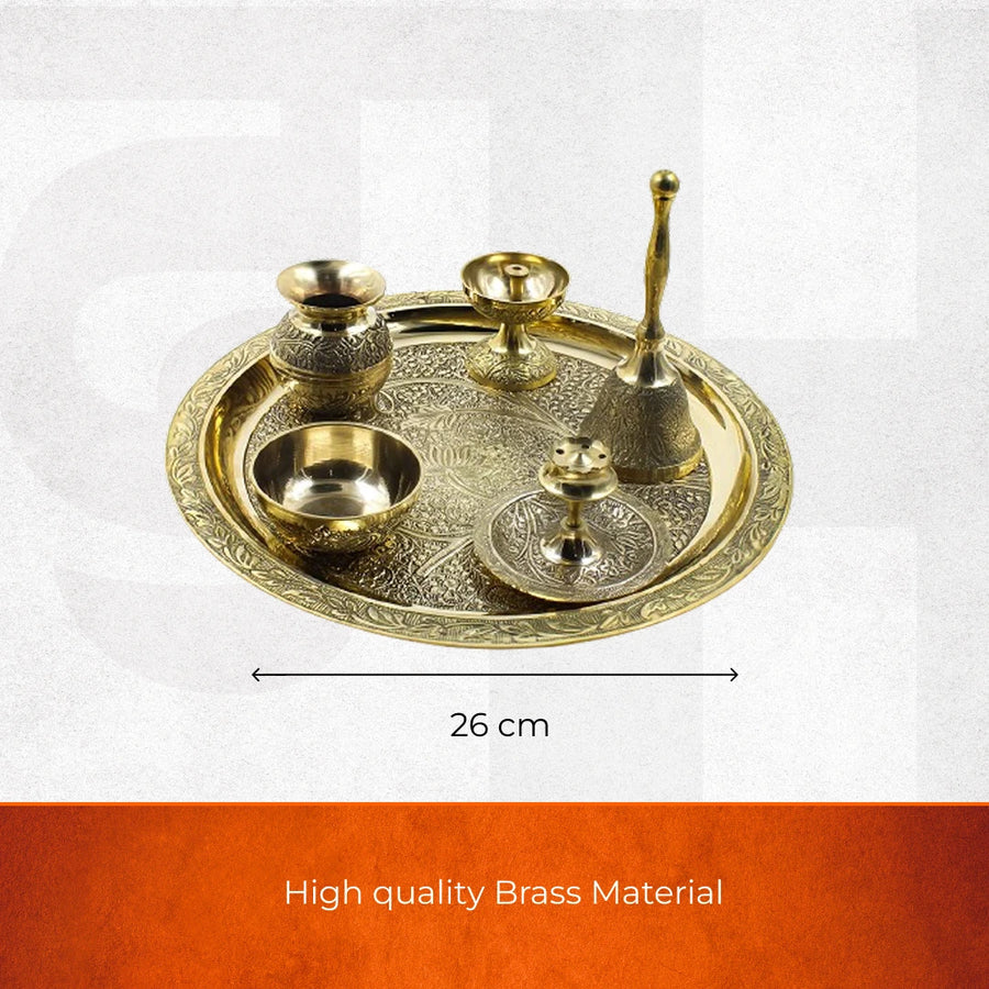Artisanal Engraved Brass Pooja Thali Set – 6-Piece Traditional Mandir Ritual Set